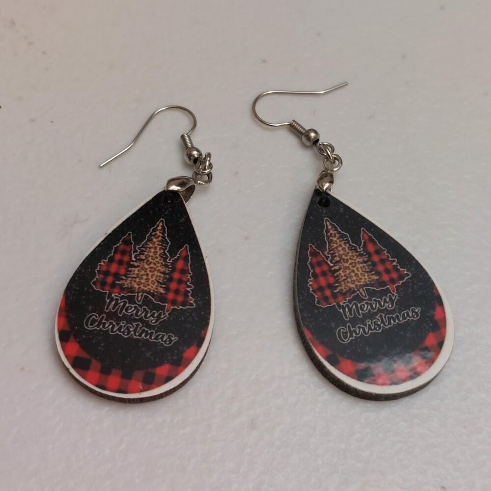 Christmas Themed Teardrop Dangle Earrings with Red and Black Plaid Trees